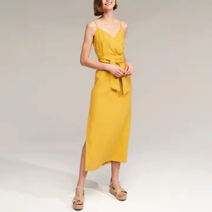 Vestido Midi de Alta Calidad para Mujer, Verano, Amarillo, Lino, con Botones, Tirantes, Estilo Envolvente, Sexy, Talla XS, Cintura Elástica, Diseño Sólido, Tejido - Product Image 1