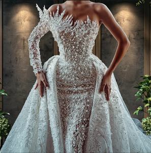 Lusso con perline illusione monospalla matrimonio per sposa africana abito da sposa lungo fino al pavimento in pizzo strascico staccabile con strascico - Product Image 5