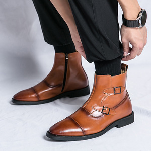 Bottines Chelsea pour hommes, bout carré, cuir véritable, sangle à boucle, motif uni, semelle extérieure en caoutchouc résistante à l'abrasion, automne - Product Image 2