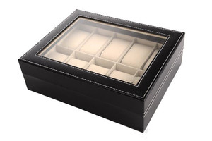 10 Lưới đen PU cổ tay bằng gỗ xem hộp hiển thị hộp lưu trữ đồ trang sức chủ Organizer Trường hợp với cửa sổ kính - Product Image 4