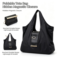Sac fourre-tout pliable BSCI avec porte-clés, réutilisable, en nylon résistant à l'eau, léger, avec fermeture éclair, petit portefeuille pliable, sac de courses pour femmes