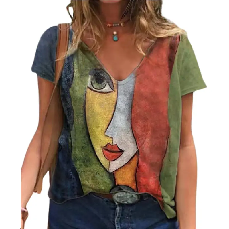 Women's Oversize Print Shirt Tops Loose Vintage Female Tee Streetwear Short Sleeve Clothes S-5XL V Neck Tshirt