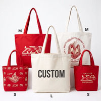 Sac fourre-tout en toile personnalisé avec logo, motif lettres grecques, souvenir universitaire, idéal pour les sororités et les confréries, couleur rouge crème, vente en gros