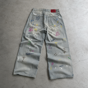 Envío Inmediato: Jeans Anchos de Hombre Estilo Urbano con Graffiti y Efecto Desgastado, Tejido Holgado de Tiro Medio, Lavado Claro, Vaqueros Rotos Pintados Y2K - Product Image 3