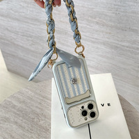 Étui de téléphone de luxe à rayures bleues et motif floral, avec porte-cartes, cordon et anti-traces de doigts pour iPhone 16/15/14 Pro Max – Mignon pour femmes