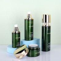 Logo personnalisé Design de luxe Vert foncé Cosmétique Bouteille en verre Ensemble 30g 50g 100ml 120ml Golden Cap Lotion Toner Bouteille et pot