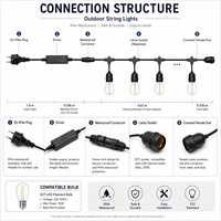 Guirlandes lumineuses d'extérieur S14, douille E27, câble noir de 20 m, connectables, à intensité variable, blanc chaud, décoration suspendue pour jardin, Noël