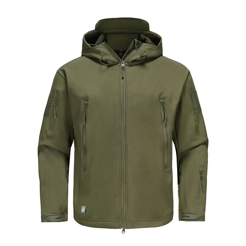 Men's Hoodie Soft Shell Fleece Jacket 6 Zip Pockets Warm Man Winter Coat Green Tactical Jacket