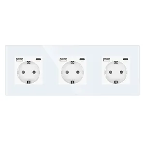 EU Standard 16A Tempered Crystal Glass Panel Wall Socket with USB Type-C 5V 2.1A Triple Power Outlet