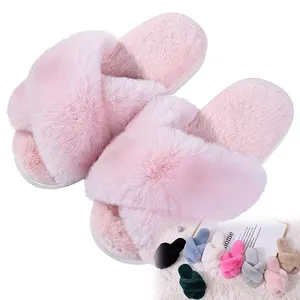 Soft Shoes Women's Fuzzy Comfy Fur Slippers Cross Band Memory Foam House Slippers Open Toe