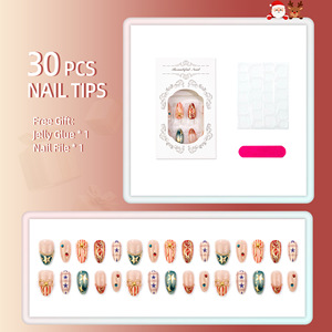 30 Uñas Postizas de Navidad con Diseño de Almendra, Adornos 3D con Lazo Dorado, Elegantes Uñas Francesas, Manicura Festiva para Fiestas - Product Image 2