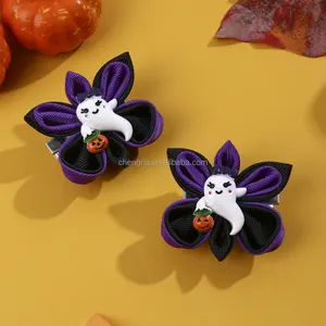 Uniek Ontwerp Kleine Handgemaakte Zwarte Lintstrikken Met Ghost Accessoires Halloween Haarclips Voor Peuters