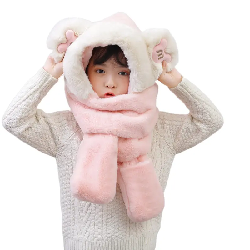 2023 New Autumn and Winter Cute Children Cartoon Scarf Hat Three-piece Warmth Girl Child Gloves Scarf Hat Integrated