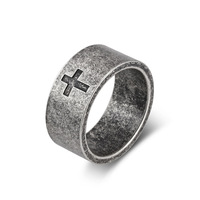 Vintage Religiöser Herrenring aus Edelstahl mit breitem Kreuzband, mehrfarbig, gebürstete Oberfläche, anpassbarer Fingerschmuck