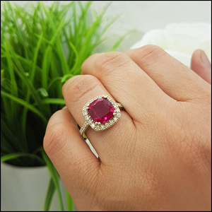 SGARIT custom Women's 14K Yellow <b>Gold</b> Ruby <b>Cocktail</b> <b>Ring</b> Pave Setting Cushion Cut Diamond Halo Luxury Engagement Style Jewelry - Product Image 5