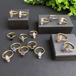 Wholesale Adjustable Smokey Crystal Point Rings Mixed Semi-precious Stone Crafts Amethyst Rose Quartz Crystal Point Ring