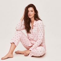 Conjunto de Pijamas de Algodón Modal para Mujer al por Mayor, Diseño Personalizado OEM con Estampado de Corazones de Cereza, Manga Larga, Botones, Ropa de Dormir de 2 Piezas