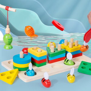 Jeu de pêche Montessori en bois pour enfants, avec pinces, formes et couleurs assorties, nouveau jeu d'entraînement manuel pour le tri des formes et des couleurs, vente en gros - Product Image 3