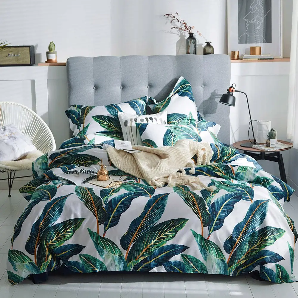 도매 이불 커버 세트 빈티지 인쇄 이불 커버 침대 시트 세트 녹색 열대 잎 패턴 고급 침구 세트 컬렉션