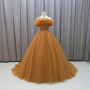 Jancember MZ0040 Vestidos de noche elegantes de tela de tul con volantes marrones Vestidos - Product Image 1