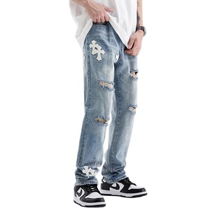 <span class=keywords><strong>Jeans</strong></span> incrociati da uomo con toppa strappata 2023 primavera/estate <span class=keywords><strong>pantaloni</strong></span> in Denim a gamba dritta - Product Image 2
