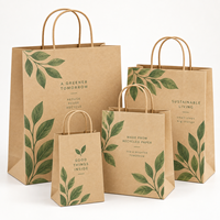 Sac en papier kraft écologique avec poignée en corde torsadée, imprimé feuilles vertes, pour emballage de vente au détail