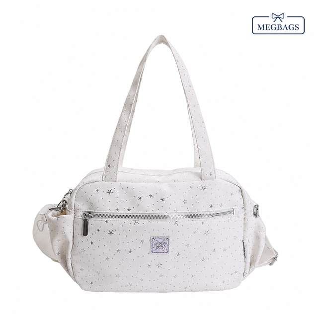 Custom Nylon Tote Bag Women Star Print Silver Zippered Shoulder Handbag Crossbody Travel Multi Pocket Fashion Girls Street Style