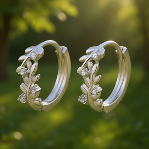 Pendientes Huggie de Oro Blanco E3586 para Mujer, con Forma de Planta, Zirconia Redonda de Corte Brillante, Engaste de Garra, Joyería Clásica de Moda - Product Image 2