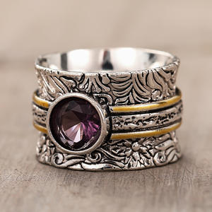 A143 Cocktail <b>Ring</b> 925 Silver <b>Amethyst</b> Bezel Setting <b>Gold</b> Plated Flower Pattern Unisex Everyday Wear - Product Image 1