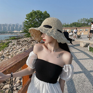 Sombrero de poliéster tejido con borde ondulado para niños y mujeres, pajarita fina, sombrilla de verano para la <span class=keywords><strong>playa</strong></span>, lavabo de <span class=keywords><strong>pescador</strong></span>, <span class=keywords><strong>playa</strong></span> de dibujos animados sólidos - Product Image 2