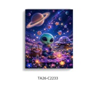 Toile murale au design moderne, peinture sur toile représentant un OVNI extraterrestre sous un monde de fleurs pour la décoration murale