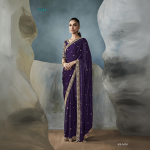 Sari de Seda Pura con Bordado a Mano de Lentejuelas, Moti y Hilo, Diseño Exclusivo con Borde y Trabajo Butti, Ideal para Fiestas - Product Image 1