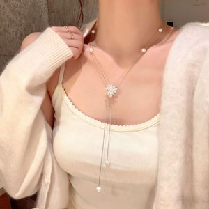 Silver Firework Pearl Necklace Snowflake Pendant U Shaped Geometric Sweater Chain For Women Fashionable Elegant Accessory - Product Image 3