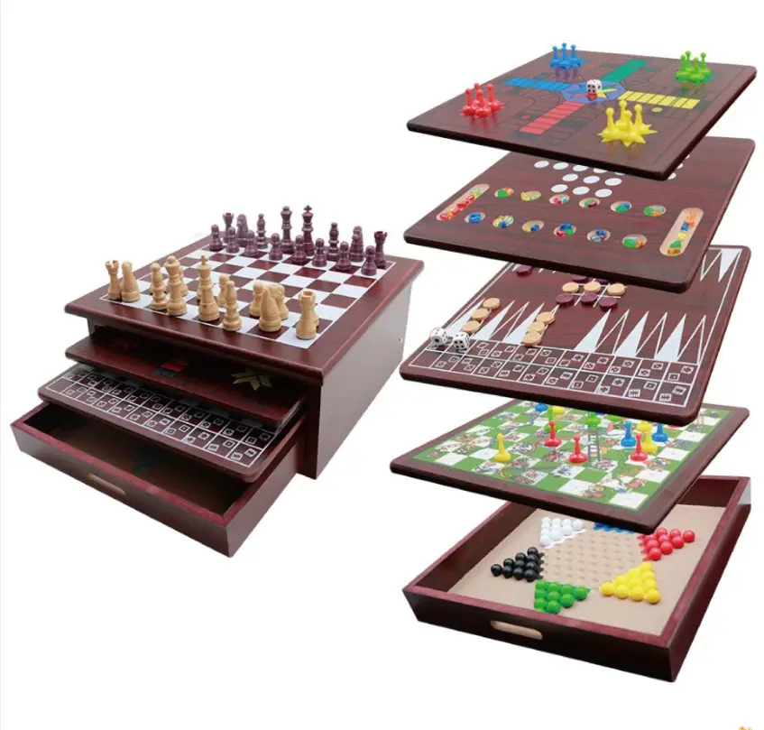 Juego de ajedrez de madera 15 en 1 para niños, almacenamiento de juegos de mesa, incluye mando, backgammon, regalo