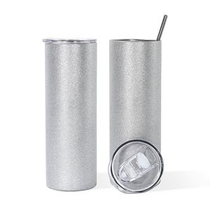 Vaso térmico recto de acero inoxidable de doble pared de 20oz con aislamiento al vacío, para sublimación con purpurina, con pajita - Product Image 1