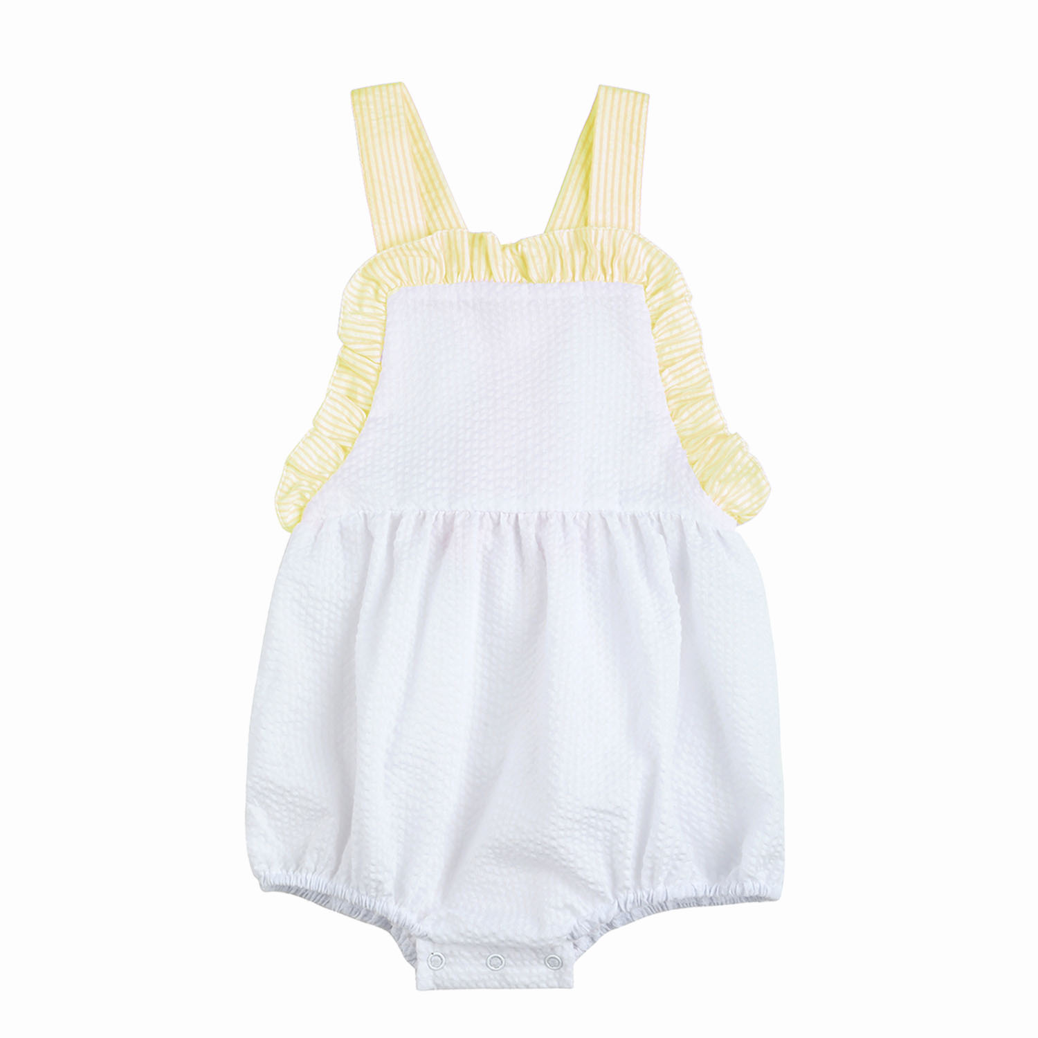 Summer Baby White Seersucker Bodysuit Baby Sunsuit Romper Colorful Ruffle Monogrammed Striped Embroidered Newborn Bubble