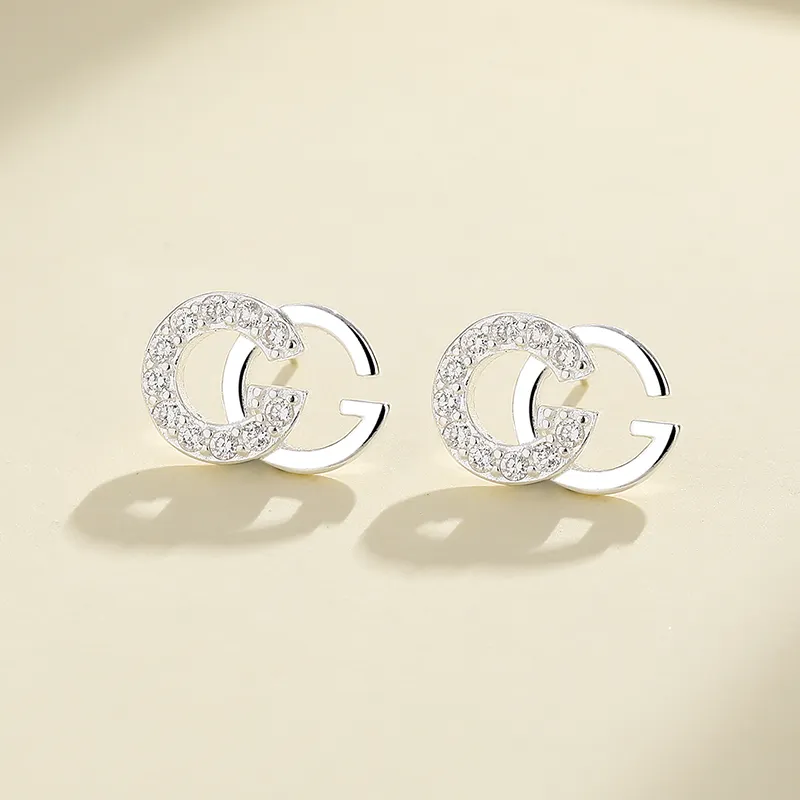 Wholesale High Quality 3A Zircon 925 Letter Sterling Silver Plated Stud Earrings Women Fashion Silver Jewelry