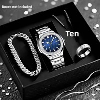 Coffret Cadeau Montre et Bijoux Homme 4-en-1 avec Logo Personnalisé, Montre Acier Cadran Bleu, Collier Croix, Bracelet Cubain, Bague et Boîte – Idéal Fête des Pères