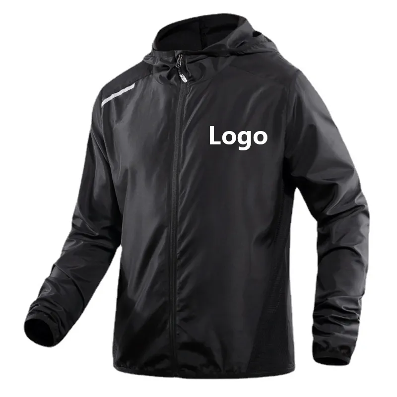 Chándal reflectante impermeable con logotipo personalizado para hombre, chaqueta para correr, rompevientos, ropa de entrenamiento ligera, chaqueta para trotar con capucha