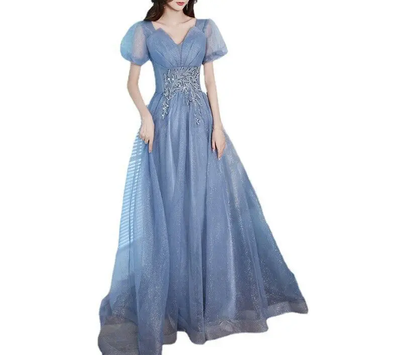 Vestido de malla brillante para niñas, vestido largo azul de fiesta de princesa con mangas abullonadas