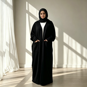 Manteau Abaya ouvert en coton chaud d'hiver avec poches, vêtements décontractés pour femmes musulmanes, couleur unie, manches longues (1997) - Product Image 3