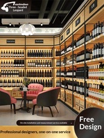 Vitrine d'exposition pour alcool, tabac et vin, pour supermarché, vin rouge, vin étranger, multi-niveaux, murale, en acier, bois et verre, commerciale, noire, avec éclairage