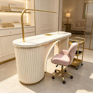 Table à ongles K Light Luxury rose doré, avec éclairage LED incurvé, comptoir en marbre, station de manucure pour salon, mobilier - Product Image 4