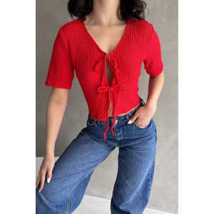 Blusa Corta de Mujer con Cuello en V y Lazos Delanteros, Tejido Waffle, Ajuste Elástico, Manga Corta, Estilo Casual para el Día a Día - Product Image 2