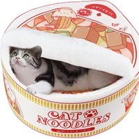 Lit pour chat rond en peluche imprimé en forme de ramen, type fermé, style ramen japonais, double usage, chaud, amovible, lavable, pour usage intérieur en hiver