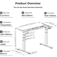 Bureau debout à double moteur, capacité de charge de 120 kg, bureau de direction électrique réglable en hauteur avec hauteur réglable de 600 à 1250 mm