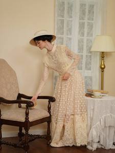 Robe longue à ourlet ample, à col haut, à taille empire, à manches longues, à pois, en dentelle perlée, vintage, faite à la main, antistatique, <span class=keywords><strong>Victoria</strong></span> - Product Image 6