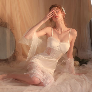 Pakaian Tidur Wanita Seksi Model Victoria Prancis dengan Renda, Transparan, Bahan Sutra Satin Putih, Jubah Mandi GR2222 - Product Image 6