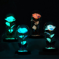 Cadeau pour la Saint-Valentin, rose éternelle sous cloche en verre, lampe LED, fleurs en verre plaquées or 24 carats avec lumières sous cloche en verre