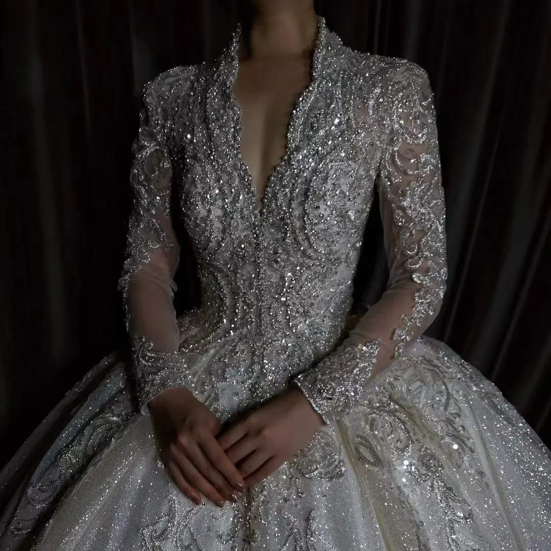 20212 Long Sleeve Church Train Luxury Handmade Beaded Lace Ladies Wedding Bridal Dress